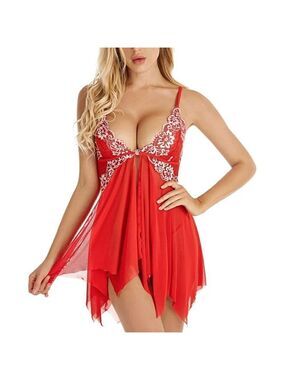 Sexy Red Lace Lingerie Teddy Babydoll Strappy Chemise Dress Mesh Romantic NWT